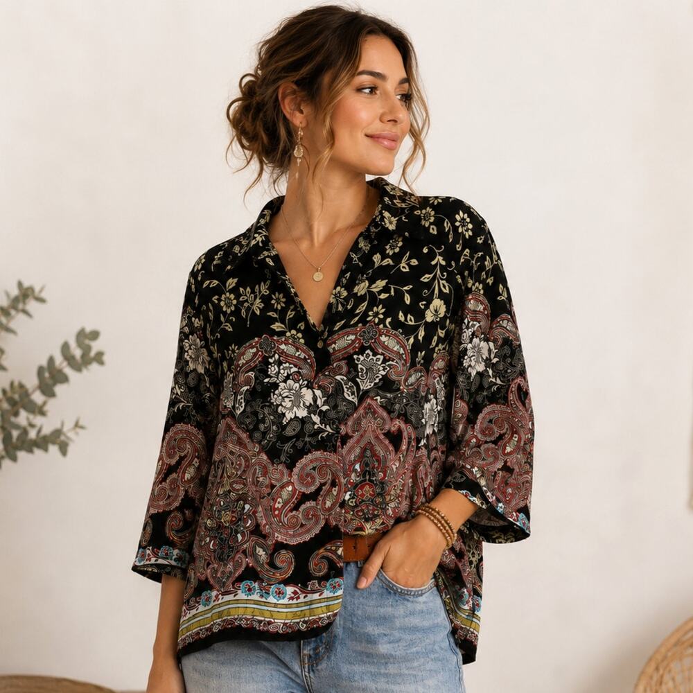 Kim Rogers Blouse Women's Plus Size 2X Paisley & Floral Cotton Boho Peasant
